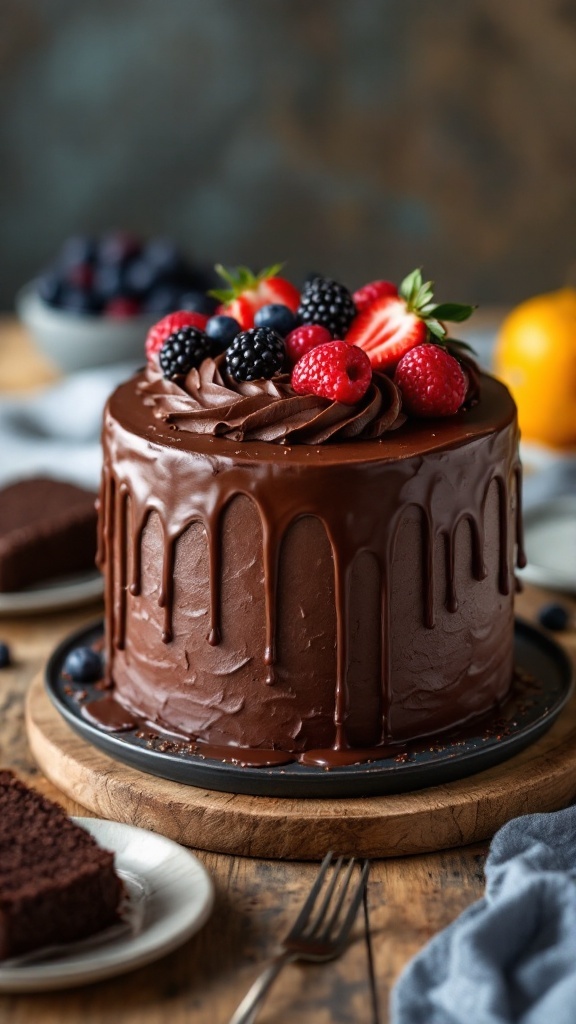 A vegan chocolate cake with frosting and berries on a wooden table